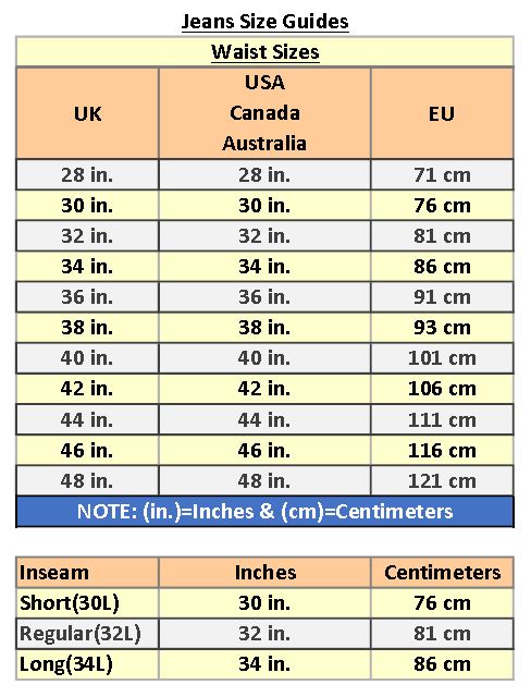 Jeans Size Chart Cm