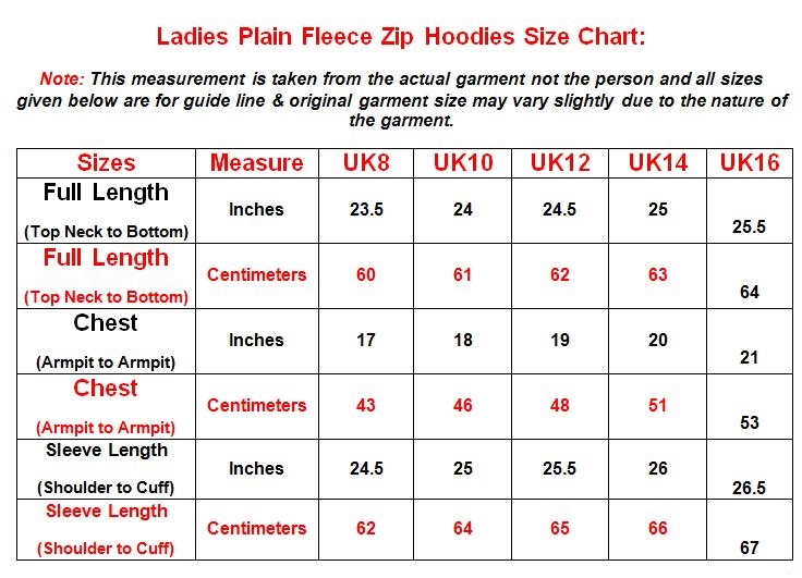 Ladies Jacket Size Chart Uk