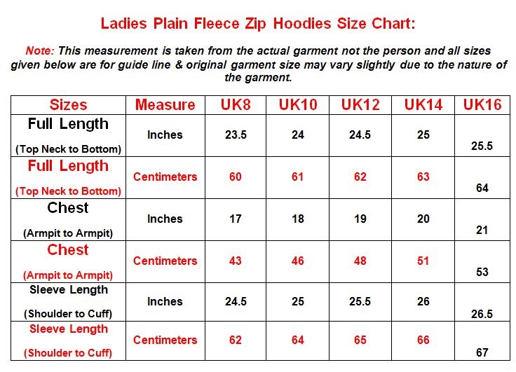 Womens Hoodie Size Chart