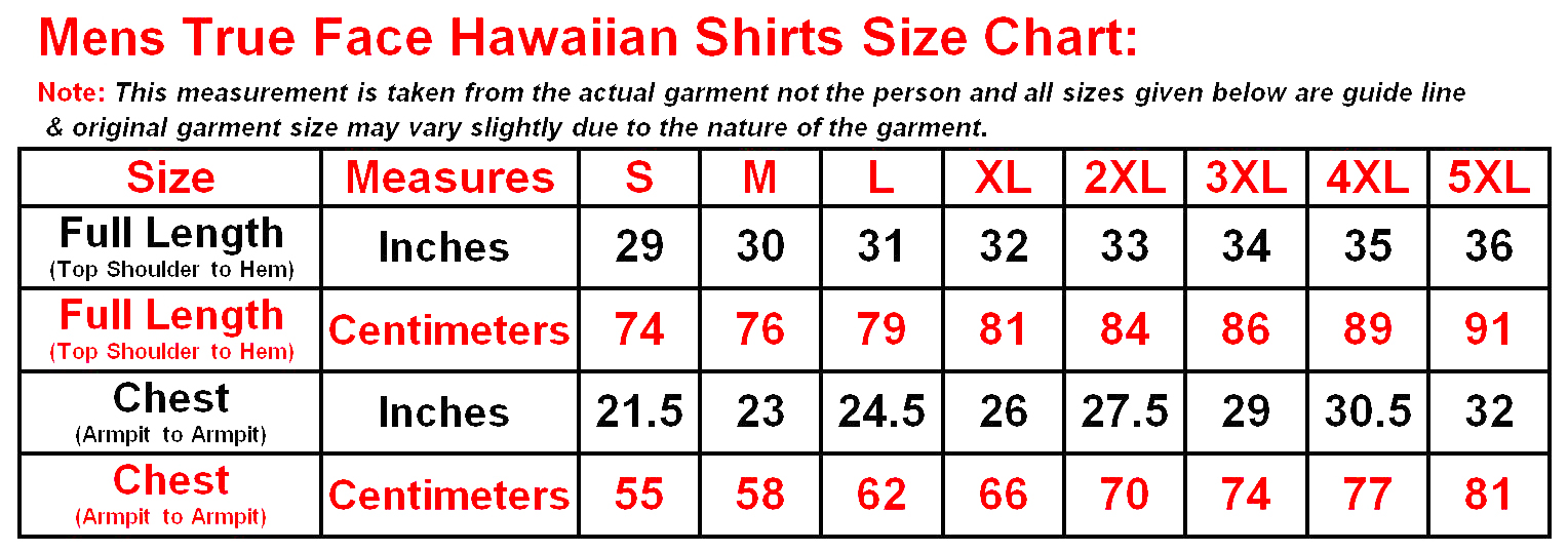 Hawaiian Shirt Size Chart